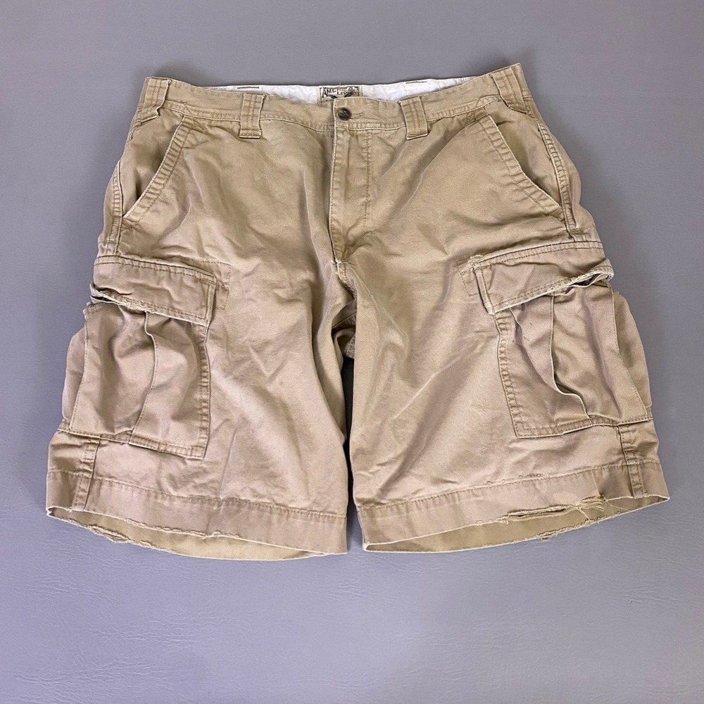 American Living Cargo Shorts Men's 38 Khaki Tan Cotton Utility *Thrashed Wear*